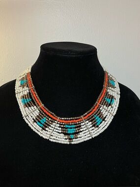 Vintage multicolored statement necklace handmade seed beaded collar native
